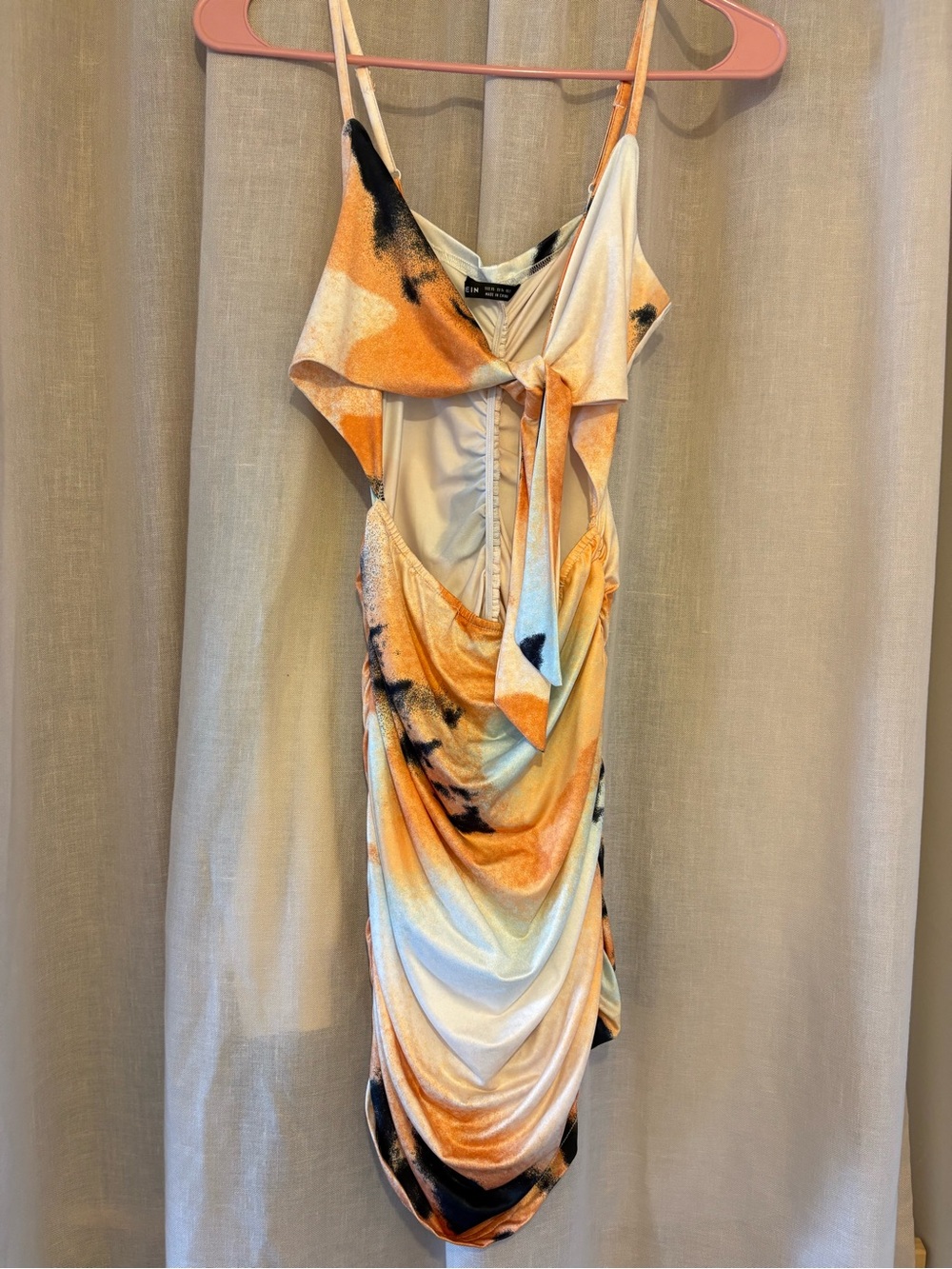 Tie-Detailed Orange Print cut out Ruched Slip party Dress